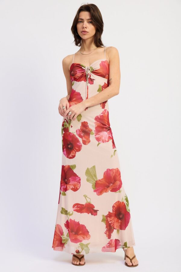 Romantic cream and red floral wedding guest maxi dress with crisscross back.