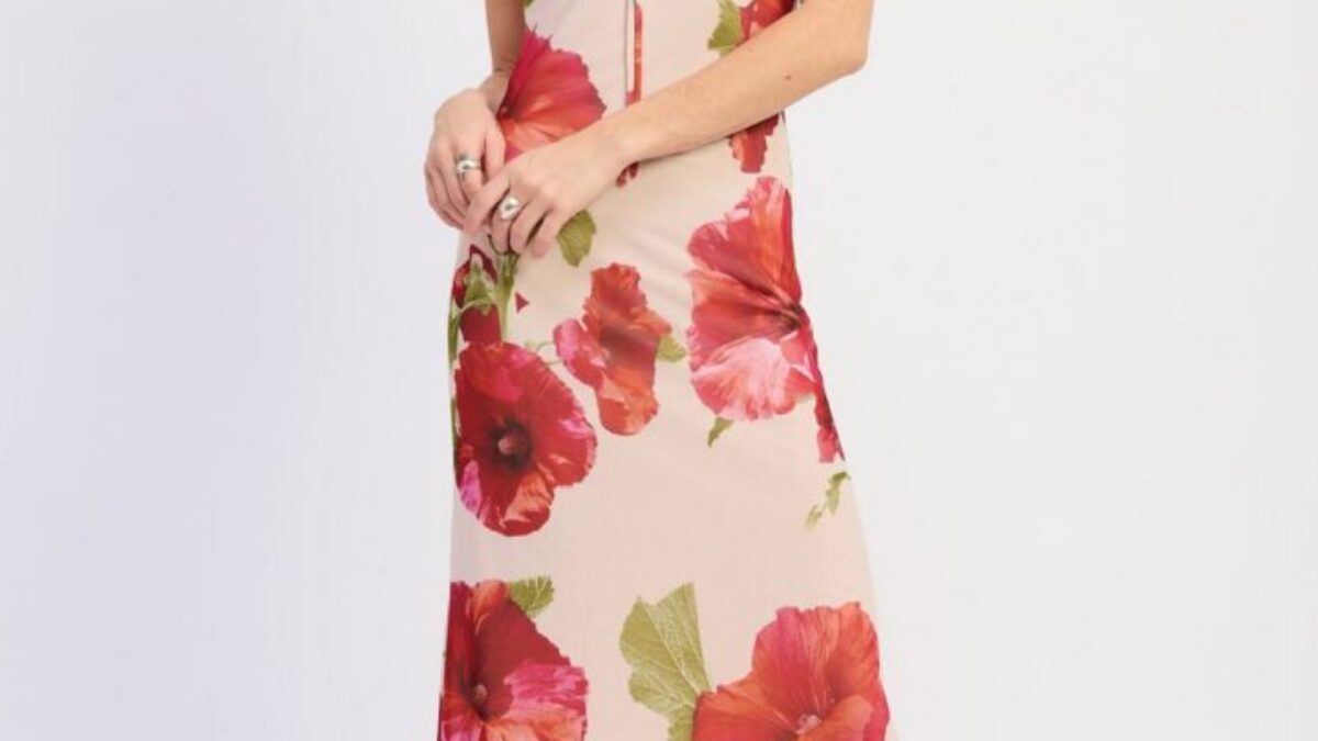 red and cream floral dress Willow Grace Midi Dress
