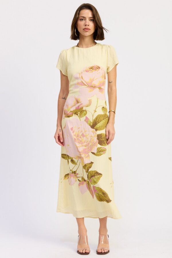 Yellow floral lace-up back maxi dress for women.