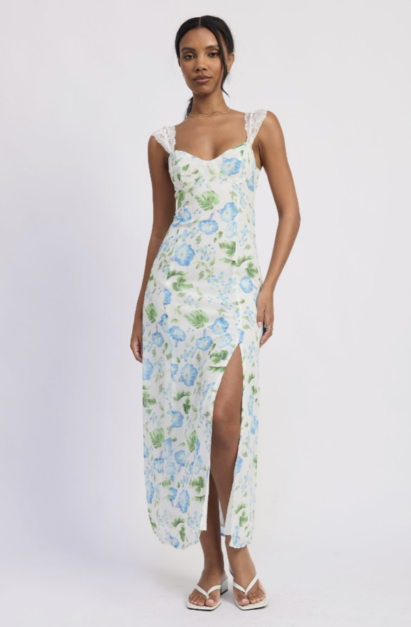 White and blue floral maxi dress with lace straps and open back detail for summer