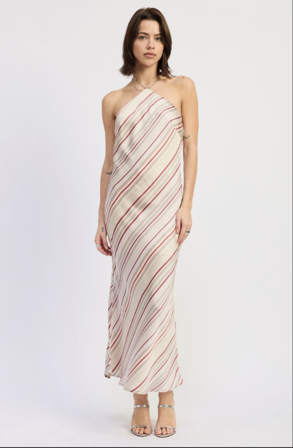 Grey and berry stripe satin halter maxi dress with backless design front view