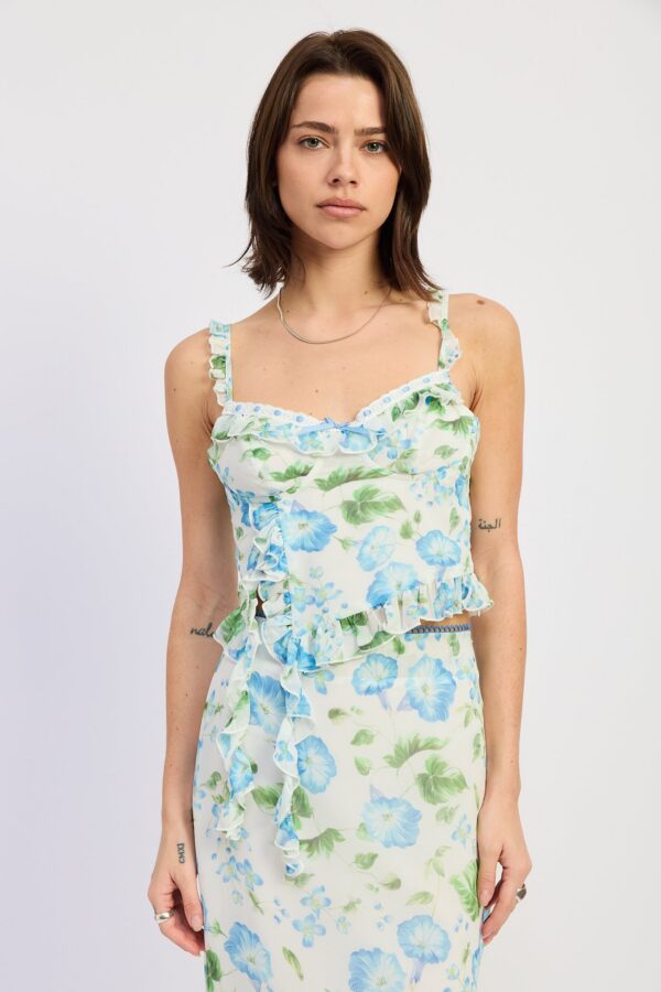Blue floral ruffle cami crop top for women with romantic spring boutique styling.