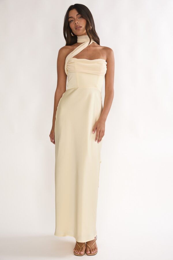 Butter yellow satin scarf neck maxi dress for women featuring an elegant draped bodice and flowing silhouette, perfect for wedding guests and summer events.
