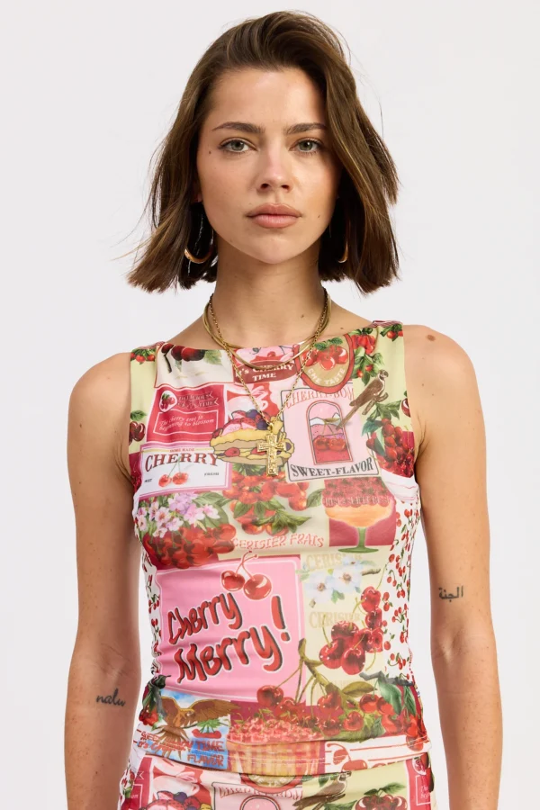 Cherry print mesh tank top for women in red and pink fitted summer boutique fashion top