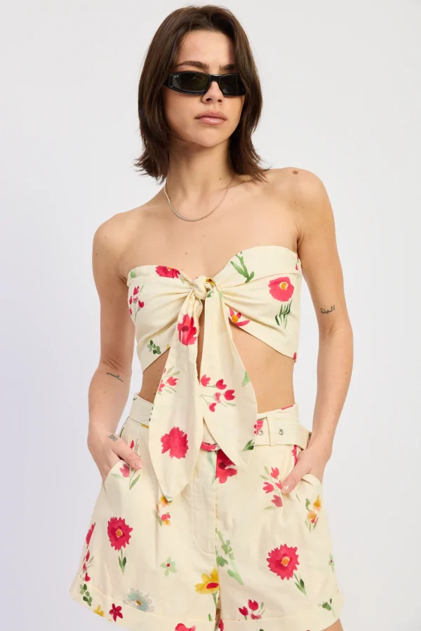 Ivory floral tie front strapless crop top for women paired with matching floral shorts.