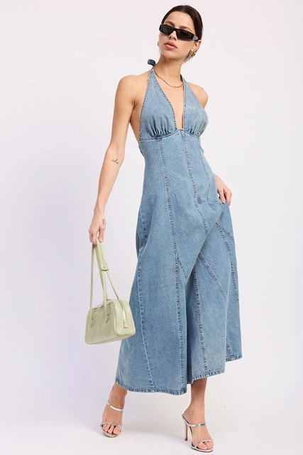 Women's halter denim midi dress in light wash blue denim for summer outfits