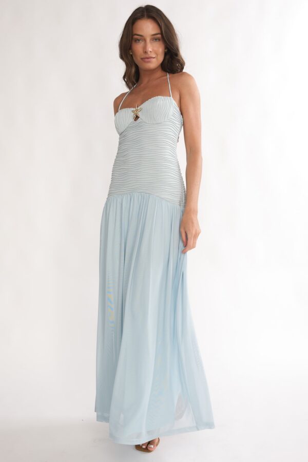 Light blue halter maxi dress with ruched bodice and starfish detail for beach vacations and summer events.