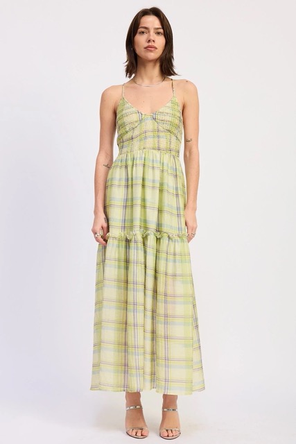Woman wearing lime green plaid smocked spaghetti strap maxi dress