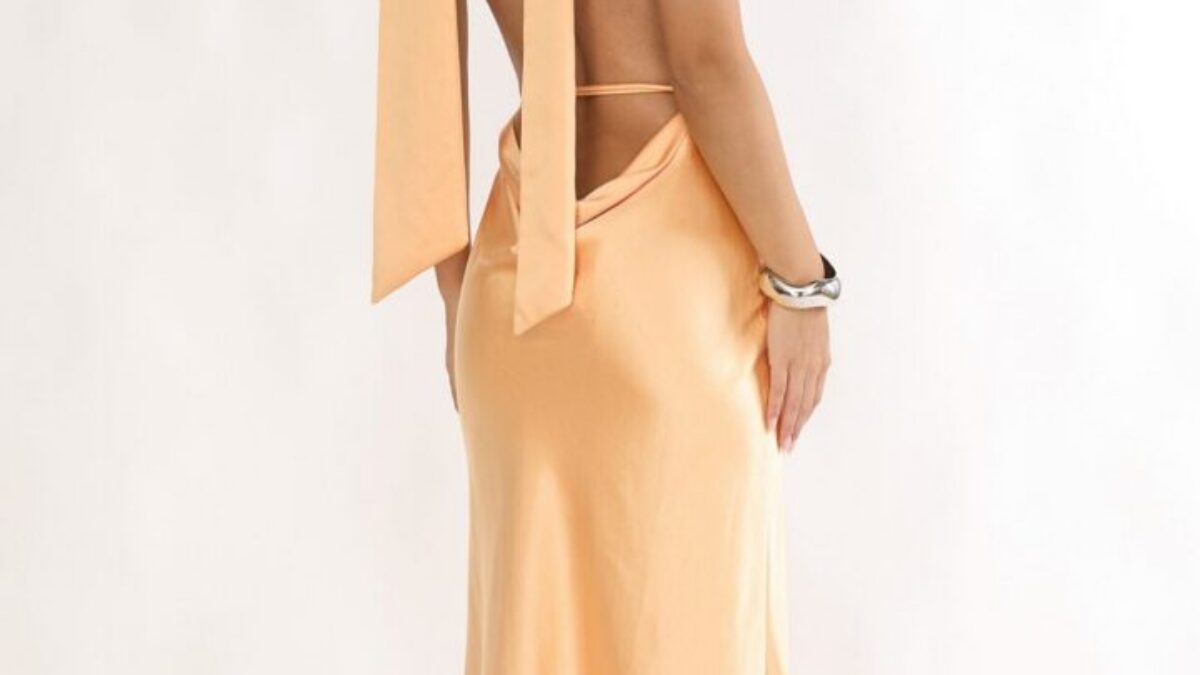 open back peach dress Elegant Peach V-Neck Ruffle Cut-Out Open Back Maxi Dress with Long Sleeve L / Peach