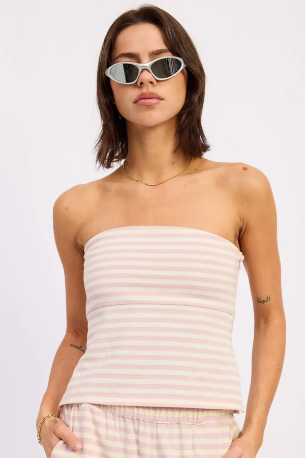 Pink striped strapless tube top front view