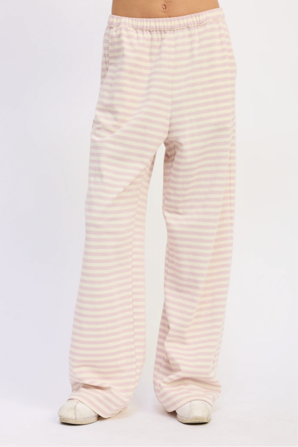 Pink striped wide leg lounge pants with elastic waistband for women.