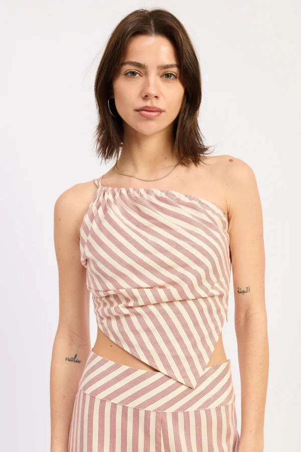 Red stripe asymmetrical scarf hem crop top for women front view