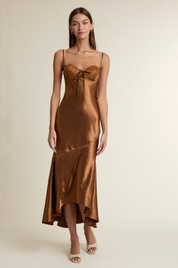 Chocolate brown satin lace bustier midi dress front view.
