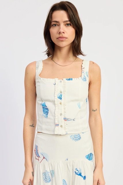 White coastal print crop top with ruffle trim and button front detail for summer vacation outfits