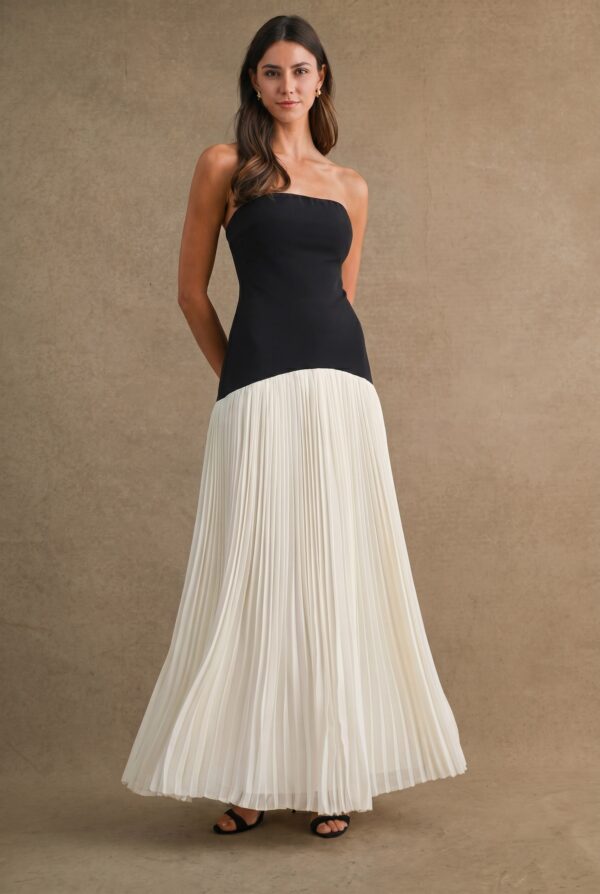 Black & White Strapless Pleated Maxi Dress, Elegant Wedding Guest, Vacation & Summer Occasion Dress