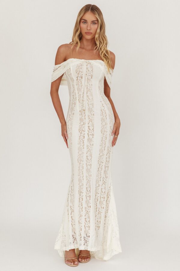 Ivory Off Shoulder Lace Mermaid Maxi Dress, Elegant Bridal Shower, Wedding Guest & Engagement Dress