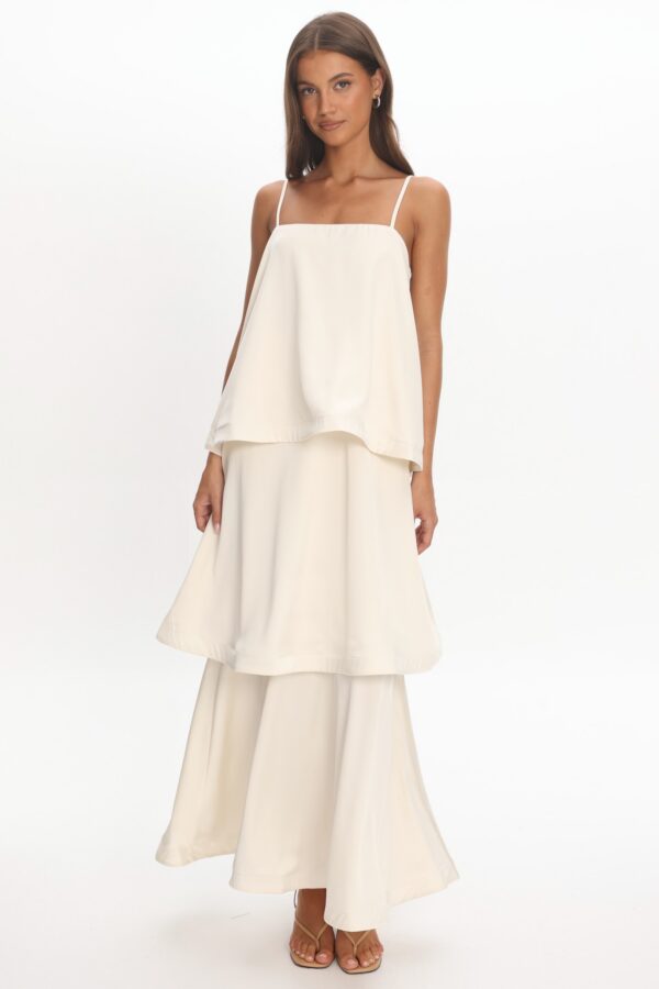Ivory Tiered Maxi Dress, Flowy Spaghetti Strap Vacation, Bridal Shower & Wedding Guest Dress