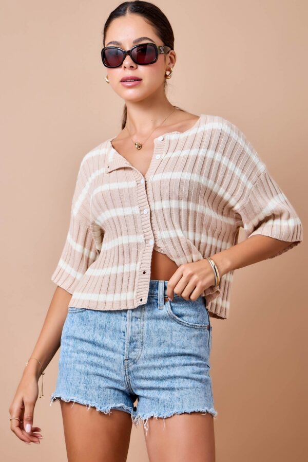 Beige & White Striped Rib Knit Button Front Cardigan Top, Lightweight Spring Summer Sweater Top for Women