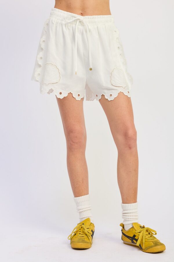 White Scallop Eyelet Drawstring Shorts, Women's Resort Vacation Summer Boutique Shorts