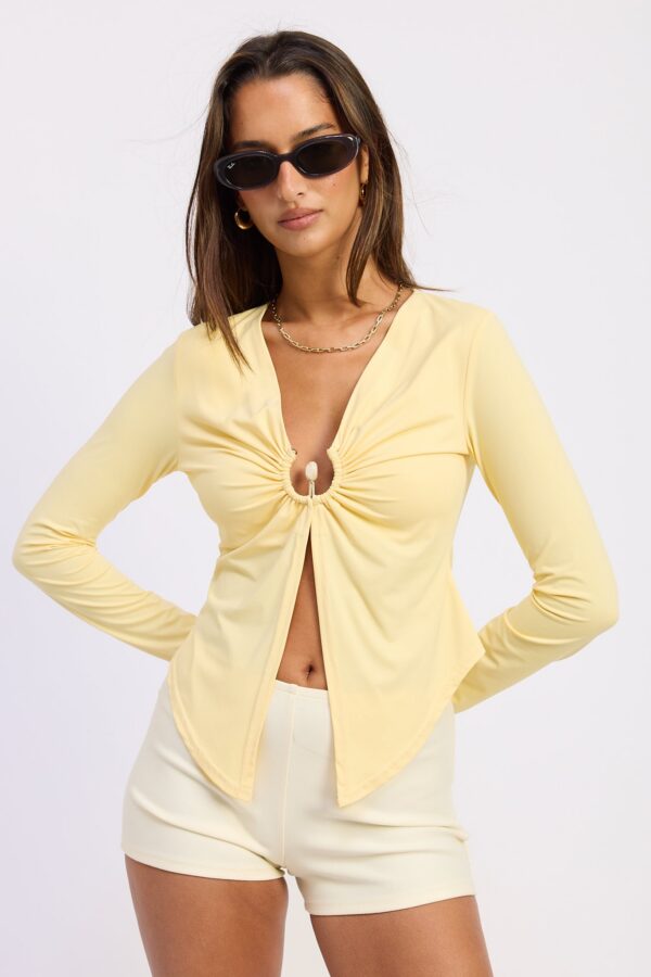 Butter Yellow Long Sleeve Ring Detail Fitted Top, Trendy Spring & Summer Going Out Top