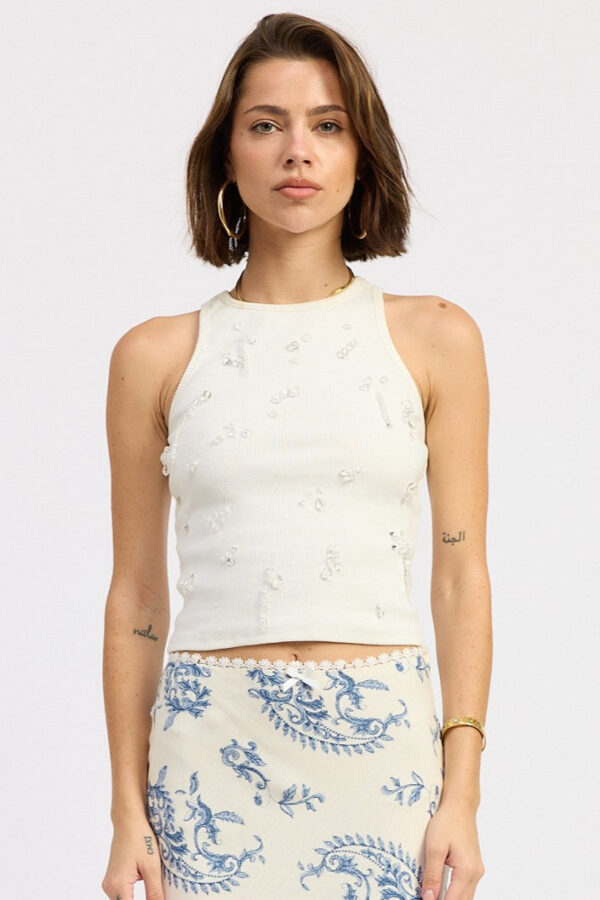 White Embellished Ribbed Racerback Tank Top for Women, Trendy Spring & Summer Brunch, Vacation & Date Night Top