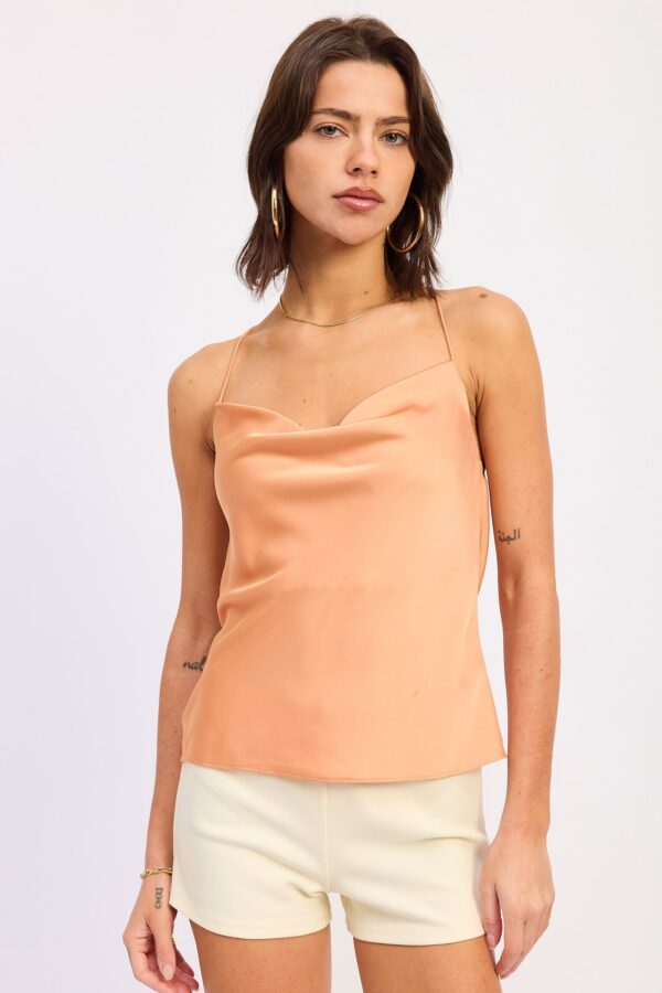 Apricot Satin Cowl Neck Open Back Cami Top for Vacation, Date Night & Brunch Outfits