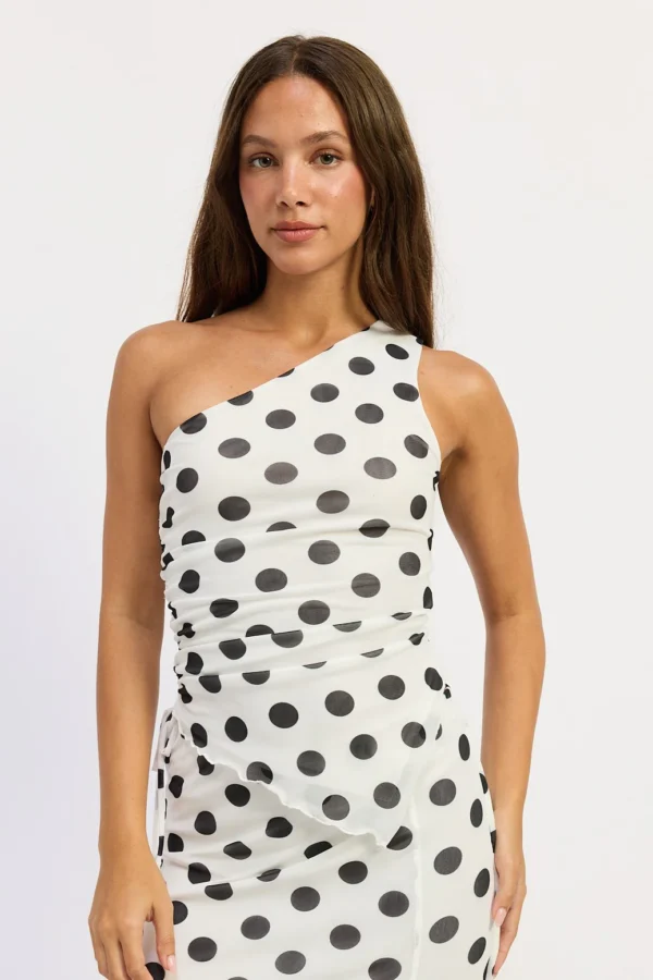 White One-Shoulder Side-Ruched Black Polka Dot Top