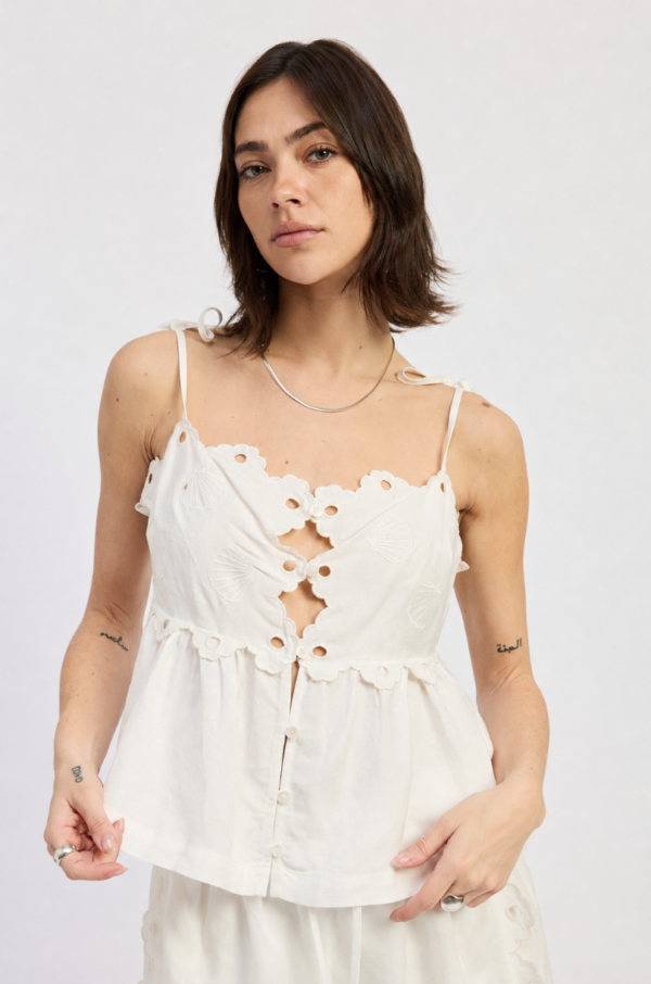 White Eyelet Scalloped Tie Strap Peplum Tank Top for Women, Beach Vacation, Brunch & Summer Outfit