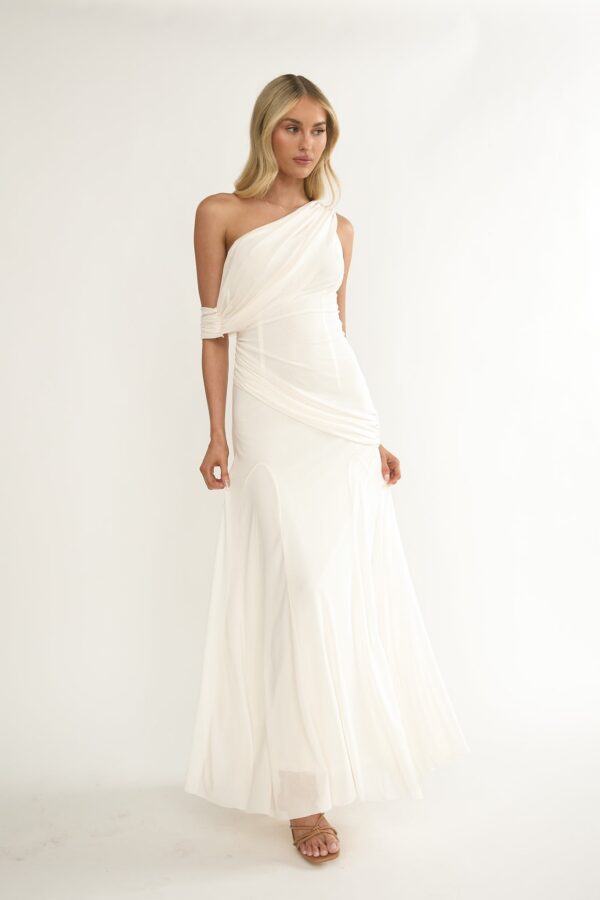 Ivory One Shoulder Draped Mesh Maxi Dress, Elegant Wedding Guest, Bridal Shower & Vacation Occasion Dress
