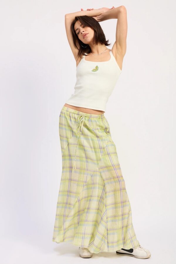 Lime Plaid Drawstring Flowy Maxi Skirt
