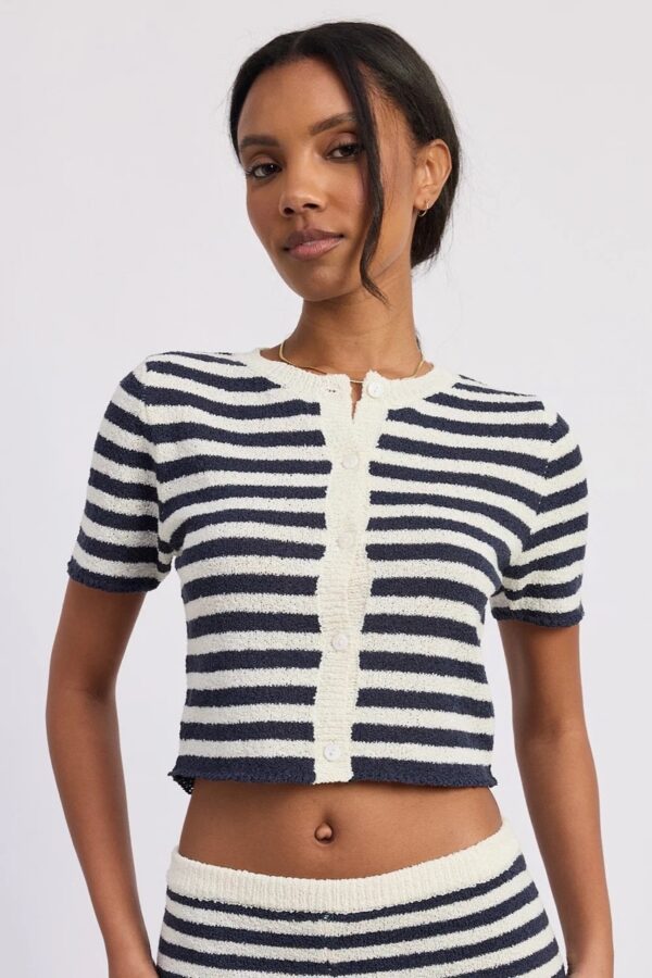 Navy Stripe Short Sleeve Cropped Knit Cardigan