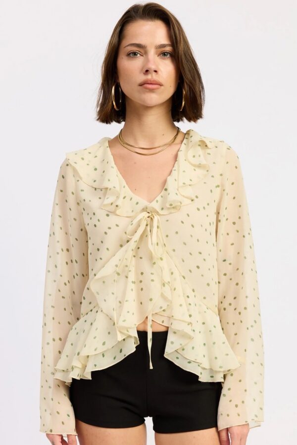 Ivory Green Polka Dot Ruffle Tie Front Chiffon Blouse