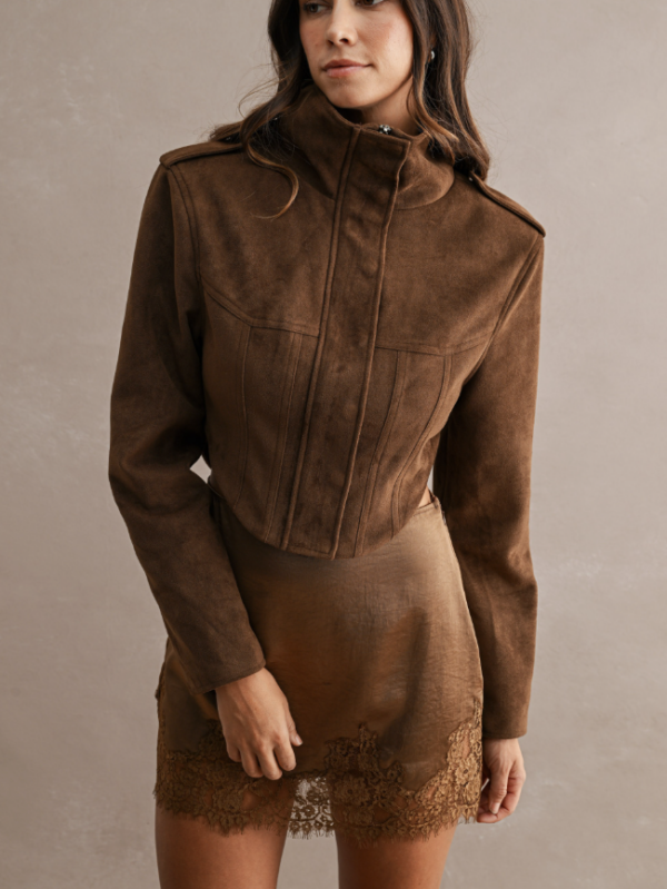 Brown Faux Suede Cropped Funnel Neck Jacket, Women’s Corset Moto Jacket