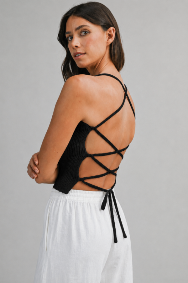 Black Knit Open Back Lace-Up Tank Top, Women’s Summer Going Out Top