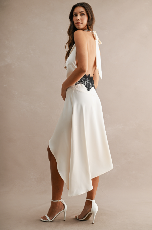 Cream Satin Halter Midi Dress with Black Lace, Asymmetrical Special Event & Vacation Dress