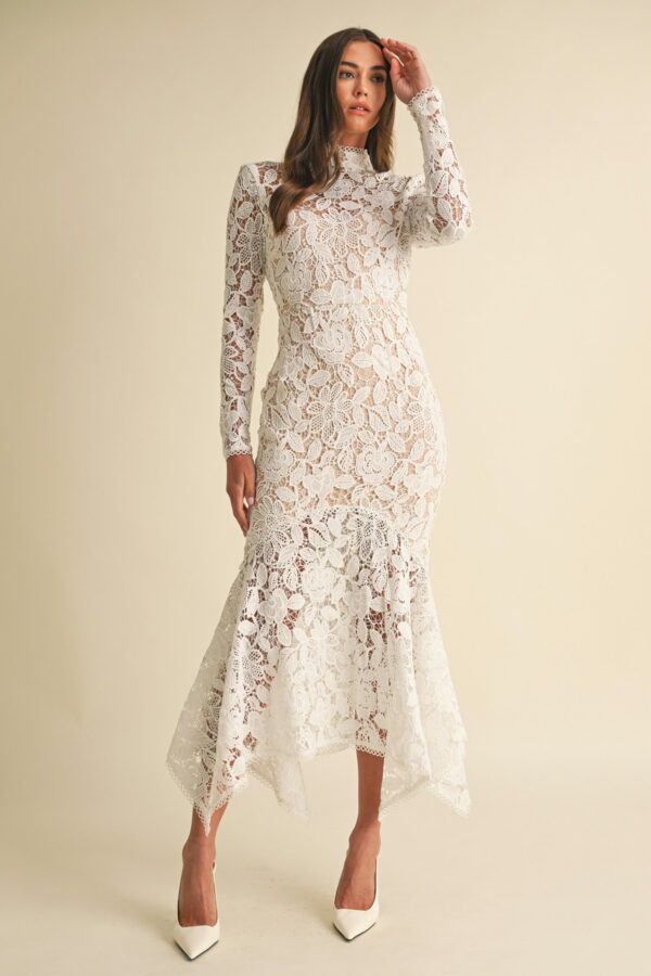 White maxi dress with floral lace maxi silhouette, romantic mock neckline, fitted long sleeves styled for women’s occasion fashion