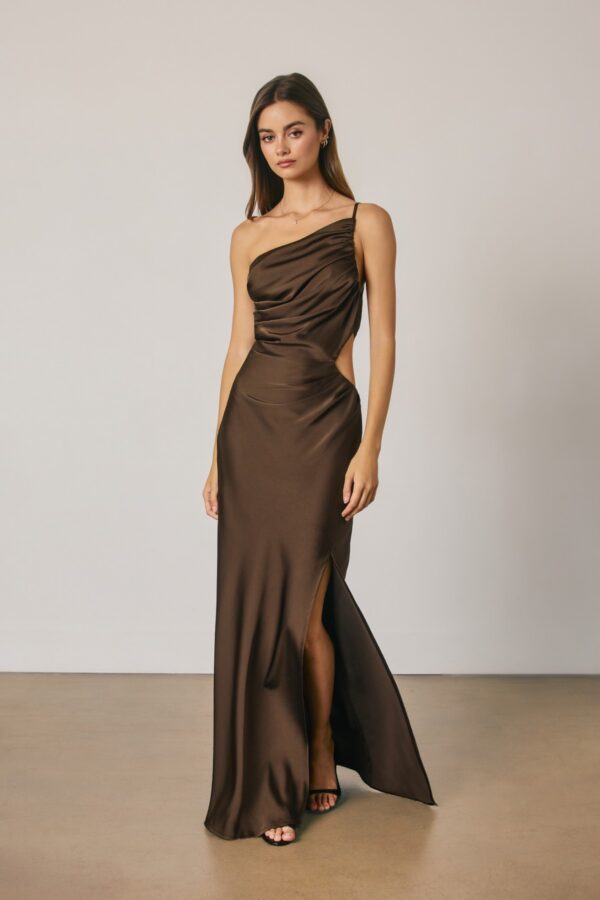 Espresso maxi dress with asymmetrical one-shoulder neckline, waist cutout detail, ruched bodice styled for women’s occasion fashion