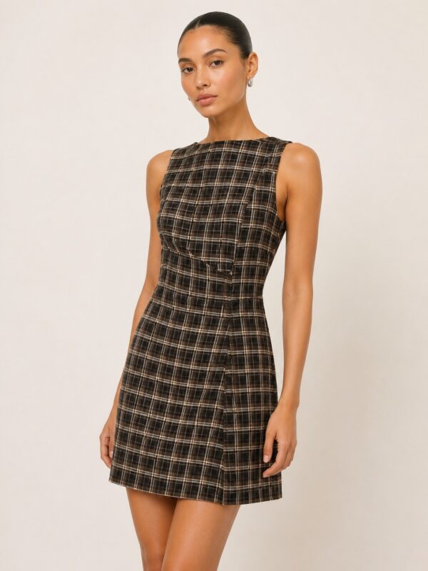 Brynn Brown Plaid A-Line Mini Dress in brown/multi shown on a model