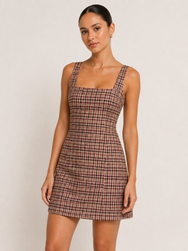 Clara Brown Plaid Square Neck Mini Dress in brown shown on a model