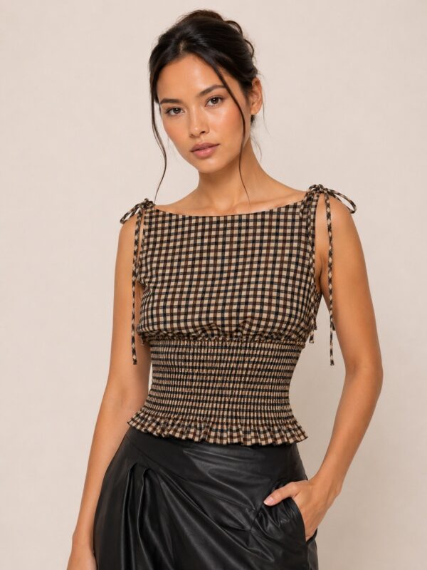 Tessa Gingham Smocked Peplum Top in brown multi shown on a model