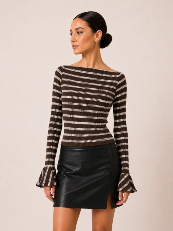 Marley Brown Striped Bell Sleeve Top in brown/cream shown on a model
