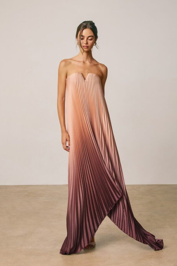 Espresso Ombre maxi dress with allover pleated texture, strapless tube-top design, notched v neckline styled for women’s occasion fashion