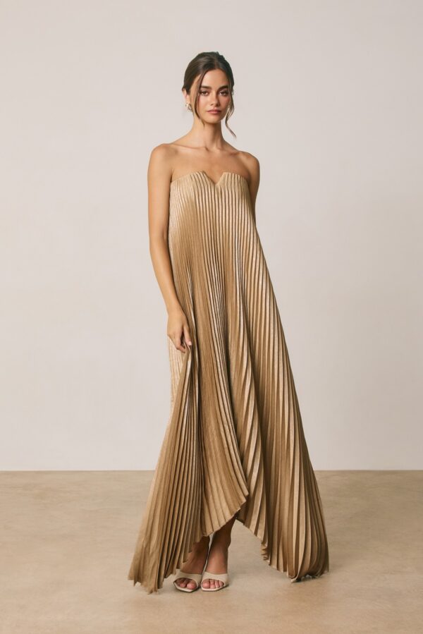 Gold maxi dress with metallic allover pleating, strapless tube-top silhouette, notched v neckline styled for women’s occasion fashion