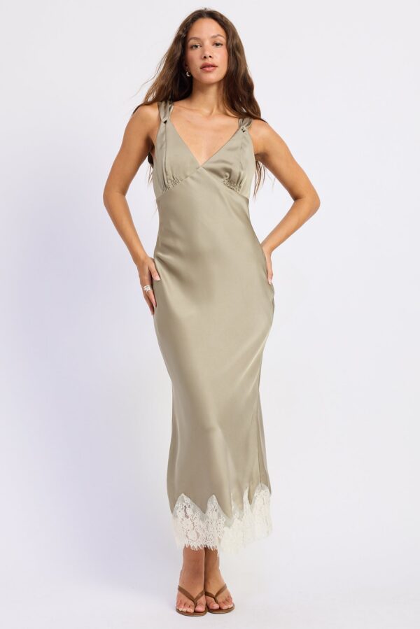 Light Olive midi dress featuring a satin bias-cut silhouette, delicate lace contrast, fluid midi length, and a softly feminine finish