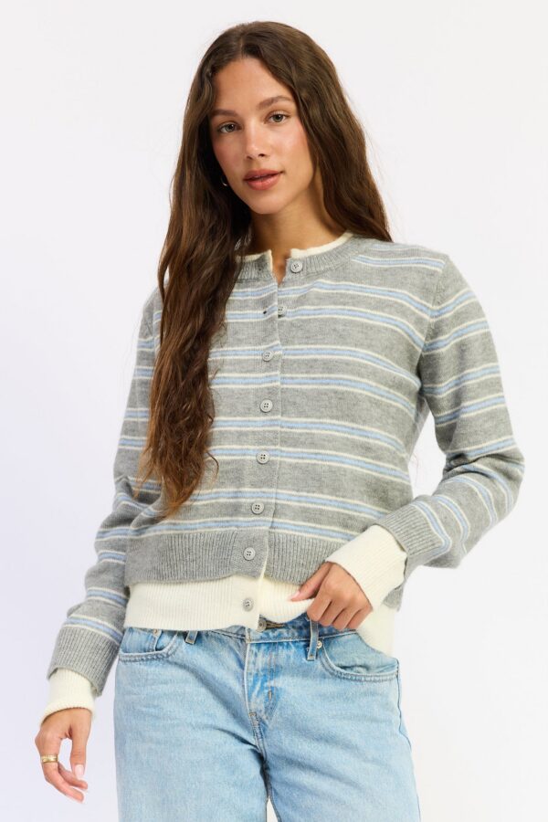 Heather grey striped layered-look cardigan with blue accents and ivory contrast trim
