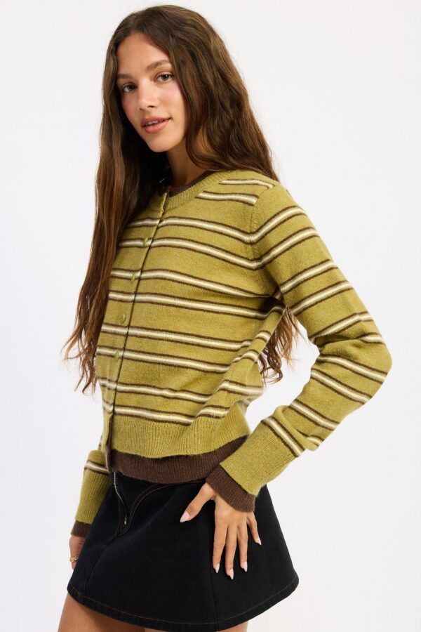 Olive striped layered-look cardigan with brown trim, round neck, and button front