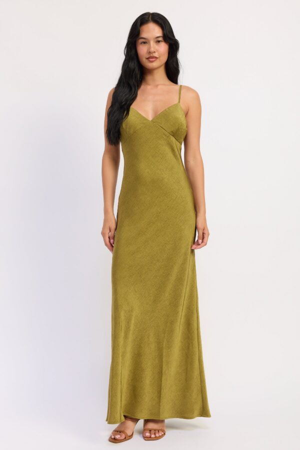 Avocado maxi dress with a fluid satin finish and slender spaghetti straps styled for a women’s boutique fashion look