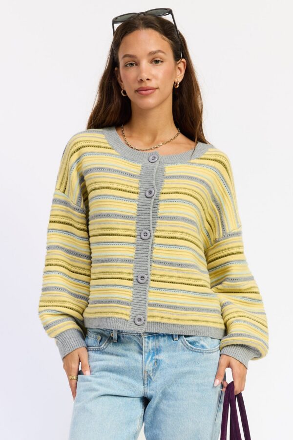 Lemon grey multi striped knit cardigan with round neck, buttons, and ribbed trim