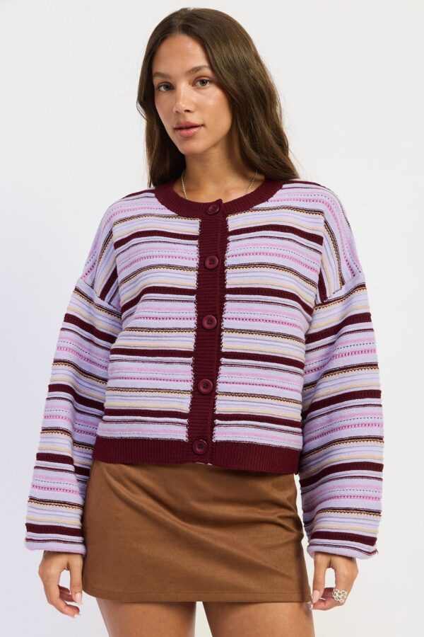 Purple burgundy multi striped knit cardigan with round neck, buttons, and textured stitching
