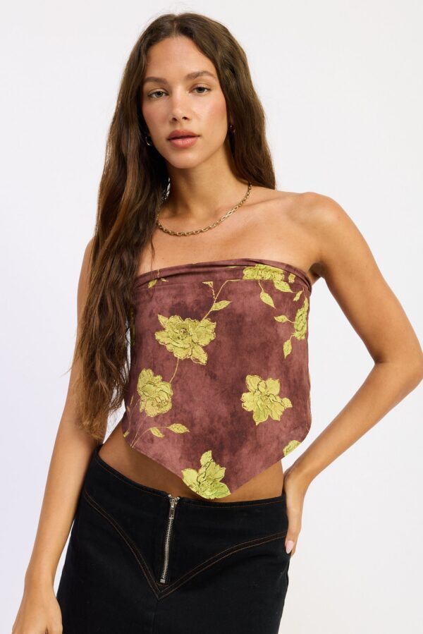 Brown top featuring a scarf-inspired bandana silhouette, pointed hem, smooth woven finish, and barely-there straps